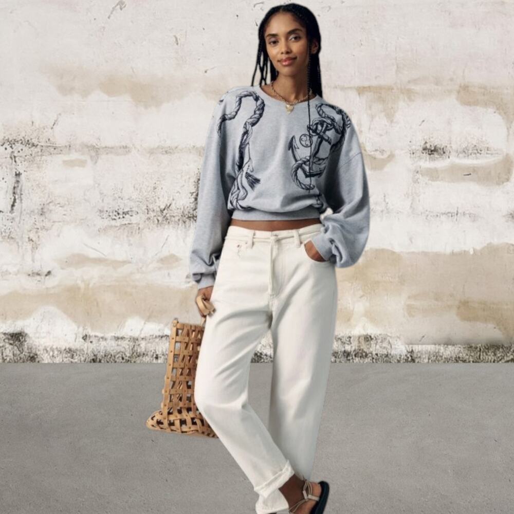 Anthropologie $88 Maeve Puff-Sleeve Sweatshirt Heather Gray Top NWT XL